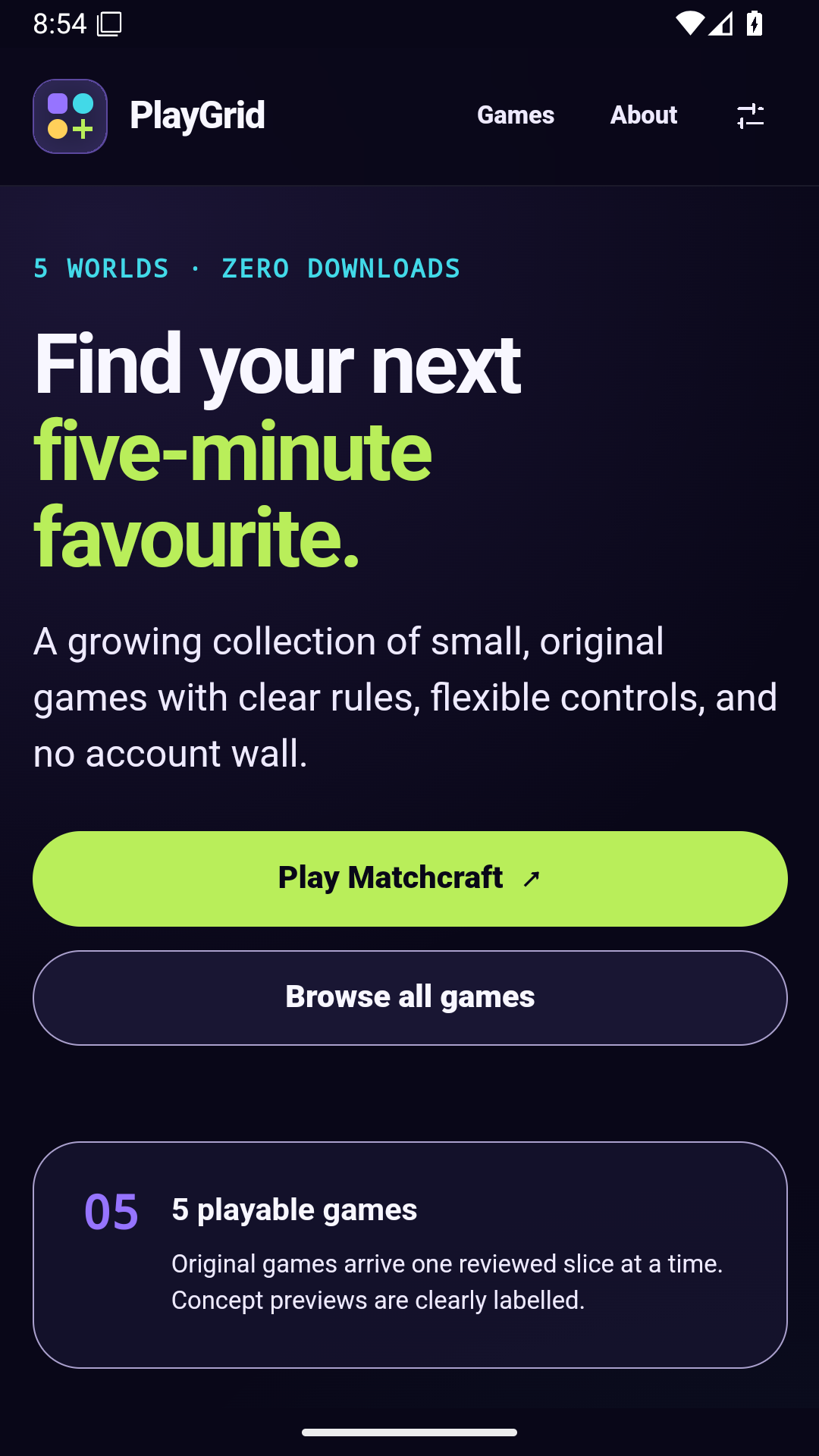 PlayGrid Android preview showing the home screen and game discovery.
